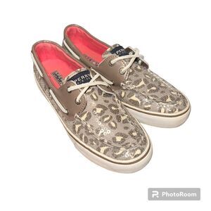 Sperry Bahama Greige Leopard Print Boat Shoes Sequins 9447517 Sz 6.5